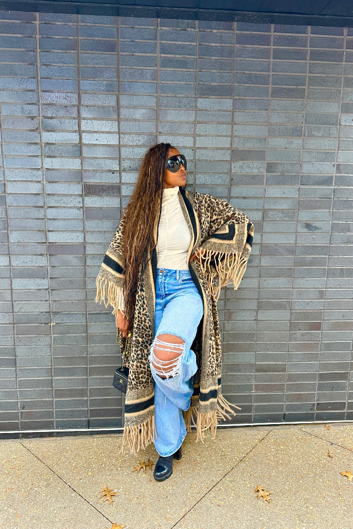 Rich Auntie Winter Fashion Tan Leopard Fringe Kimono Coat - Tan and Black Blend Ships 12/5