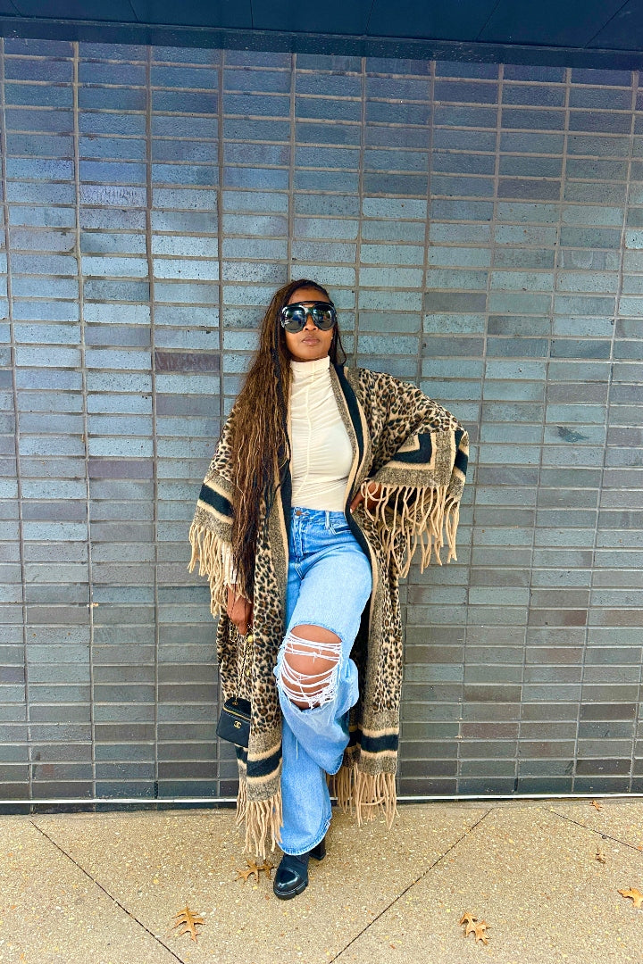 Rich Auntie Winter Fashion Tan Leopard Fringe Kimono Coat - Tan and Black Blend Ships 12/5
