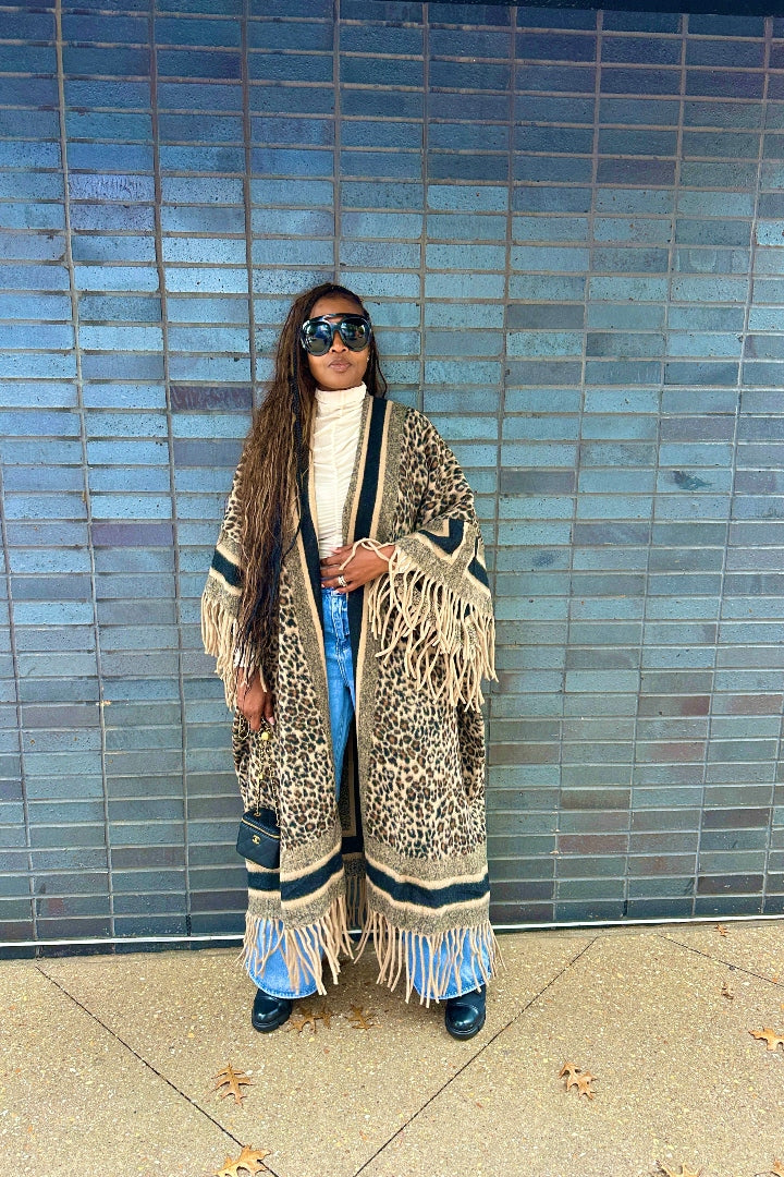 Rich Auntie Winter Fashion Tan Leopard Fringe Kimono Coat - Tan and Black Blend Ships 12/5