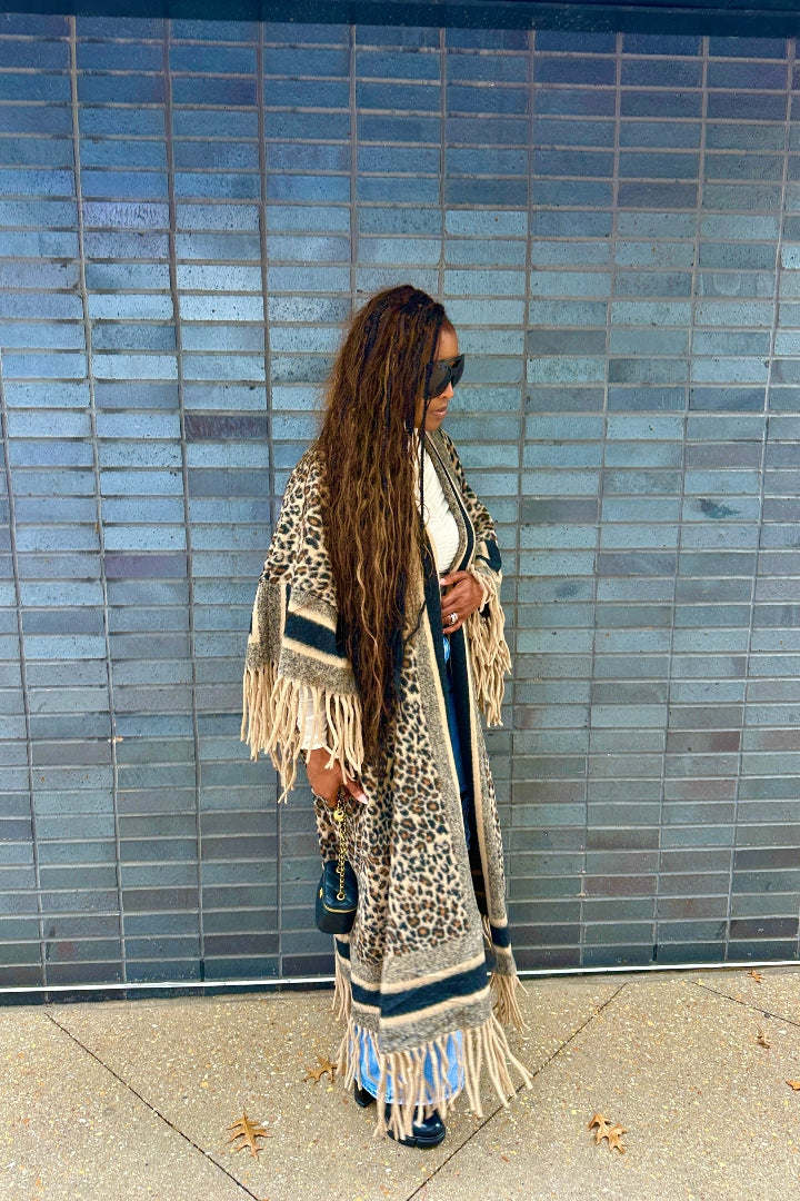 Rich Auntie Winter Fashion Tan Leopard Fringe Kimono Coat - Tan and Black Blend Ships 12/5