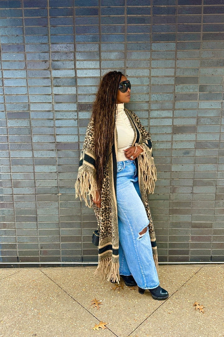 Rich Auntie Winter Fashion Tan Leopard Fringe Kimono Coat - Tan and Black Blend Ships 12/5