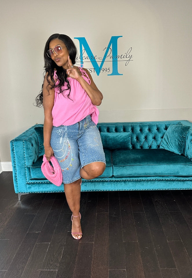 Chain print denim Jorts