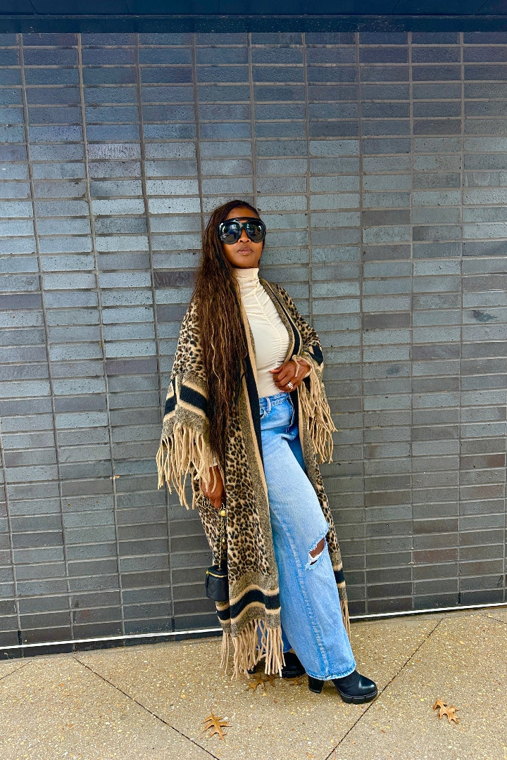 Rich Auntie Winter Fashion Tan Leopard Fringe Kimono Coat - Tan and Black Blend Ships 12/5