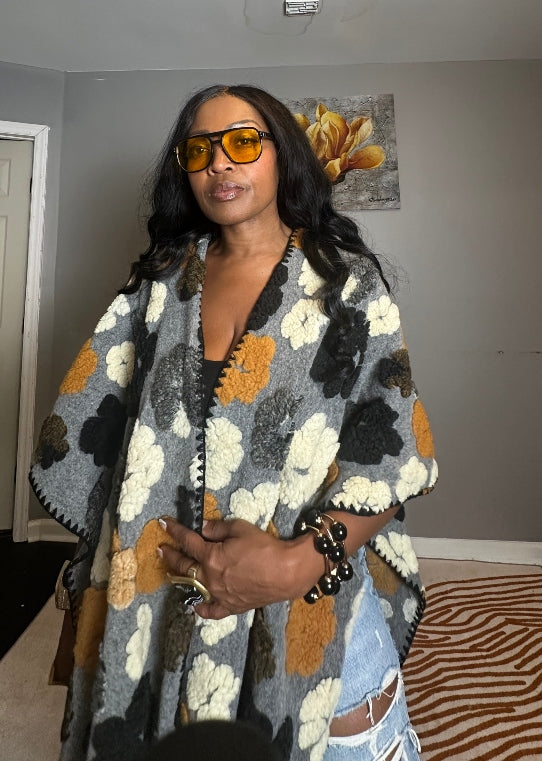 Denver 3D Poncho Kimono Coat -  Grey Black Cream Mustard Blend