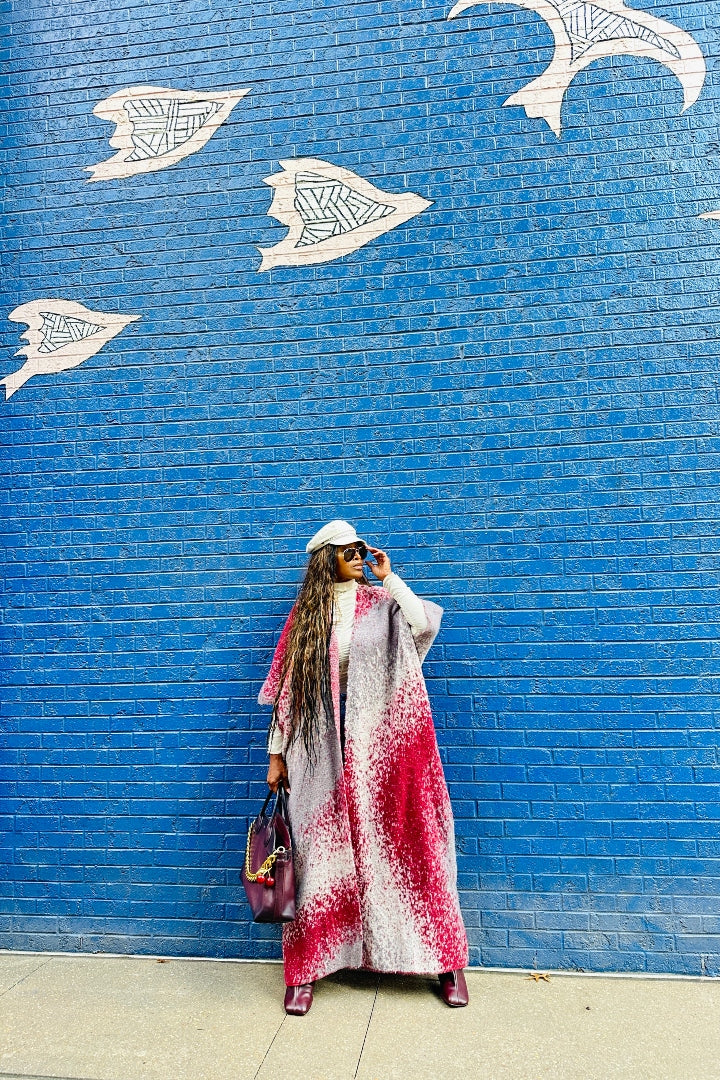 Ombre Open Front Long Cardigan Coat  Grey Burgundy Wine Blend Ships 12/5
