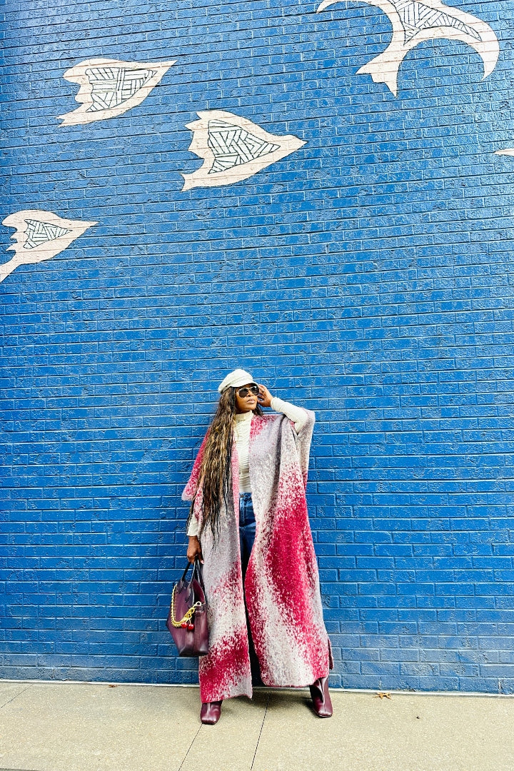 Ombre Open Front Long Cardigan Coat  Grey Burgundy Wine Blend Ships 12/5