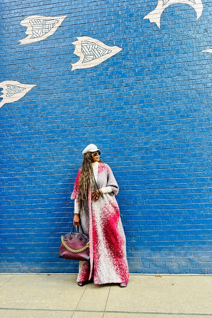 Ombre Open Front Long Cardigan Coat  Grey Burgundy Wine Blend Ships 12/5