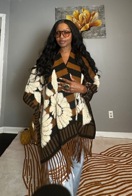 Denver 3D Poncho Kimono Coat -  Black Brown White Floral Blend