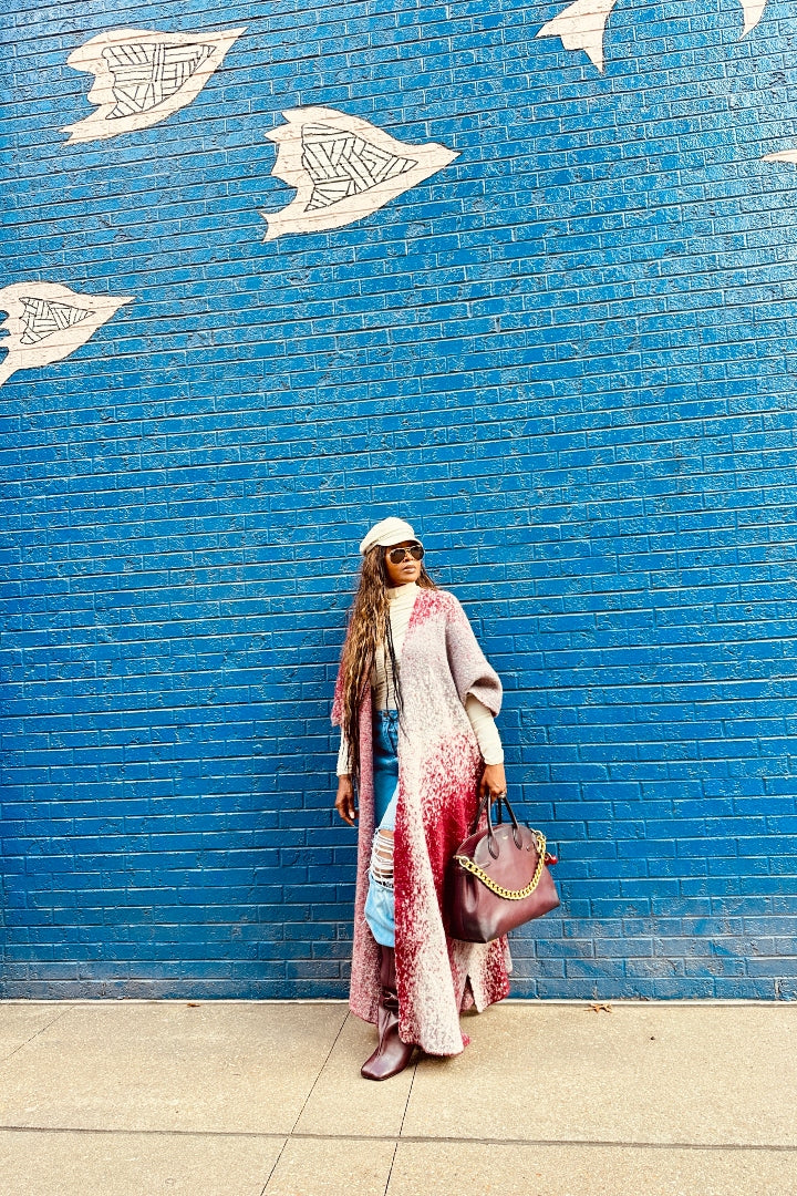 Ombre Open Front Long Cardigan Coat  Grey Burgundy Wine Blend Ships 12/5