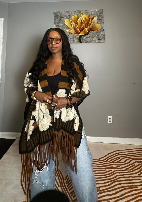 Denver 3D Poncho Kimono Coat -  Black Brown White Floral Blend