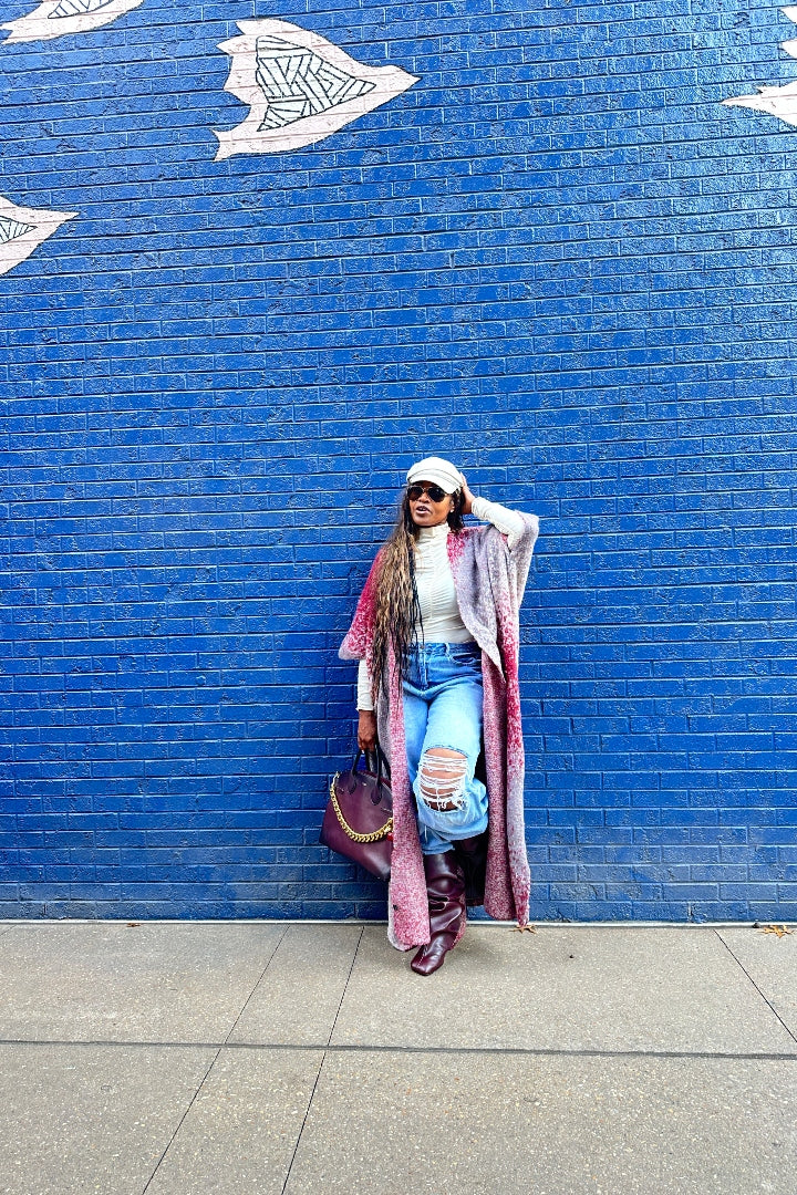 Ombre Open Front Long Cardigan Coat  Grey Burgundy Wine Blend Ships 12/5