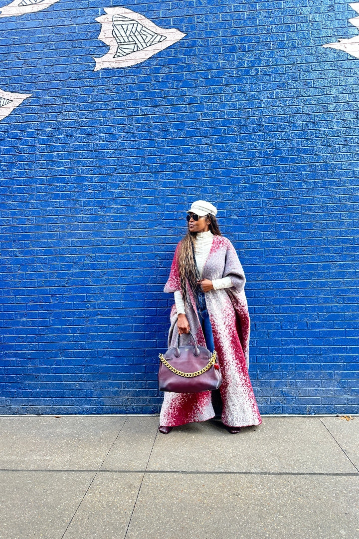 Ombre Open Front Long Cardigan Coat  Grey Burgundy Wine Blend Ships 12/5