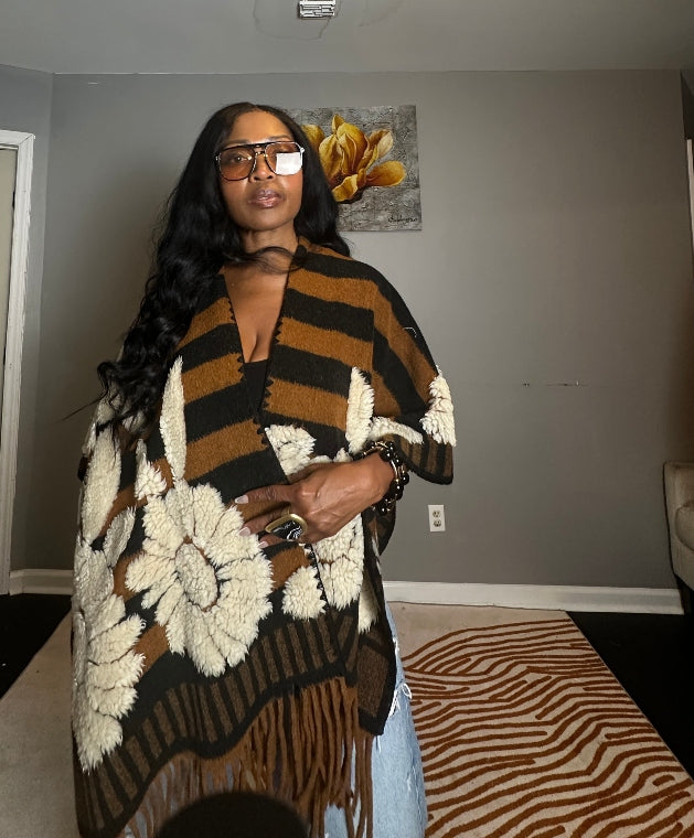 Denver 3D Poncho Kimono Coat -  Black Brown White Floral Blend