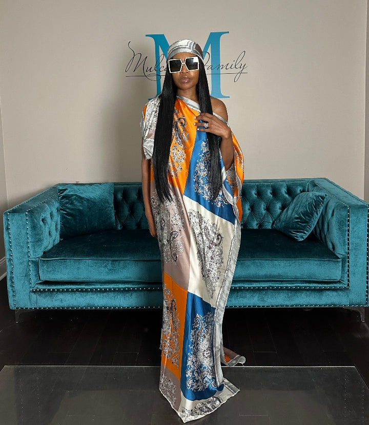 Santorini Collection Satin Kaftan Maxi with Matching Scarf- Silver Orange Royal Blue Blend Ships 5/21 Santorini Collection Satin Kaftan Maxi with Matching Scarf- Silver Orange Royal Blue Blend Ships 5/21