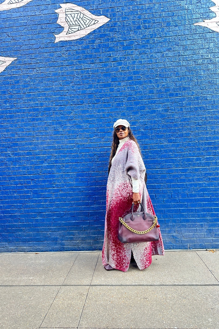 Ombre Open Front Long Cardigan Coat  Grey Burgundy Wine Blend Ships 12/5