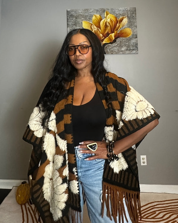 Denver 3D Poncho Kimono Coat -  Black Brown White Floral Blend
