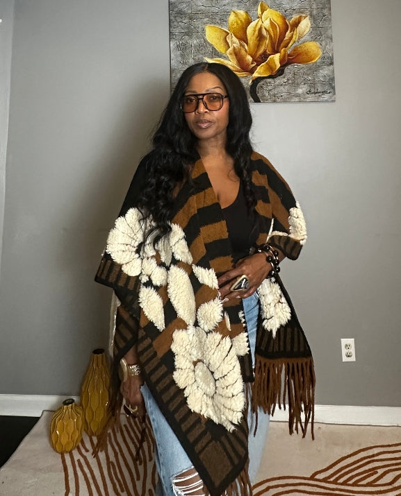 Denver 3D Poncho Kimono Coat -  Black Brown White Floral Blend