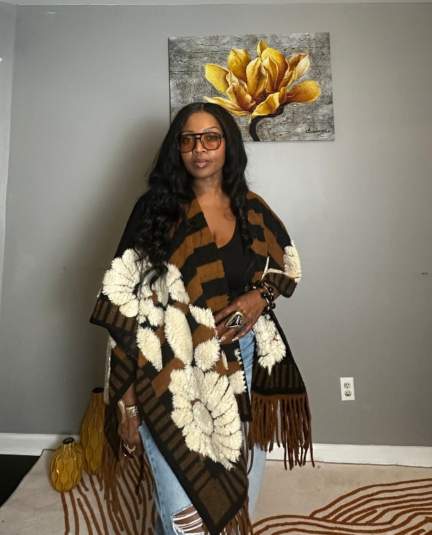 Denver 3D Poncho Kimono Coat -  Black Brown White Floral Blend