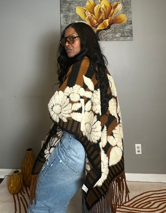 Denver 3D Poncho Kimono Coat -  Black Brown White Floral Blend