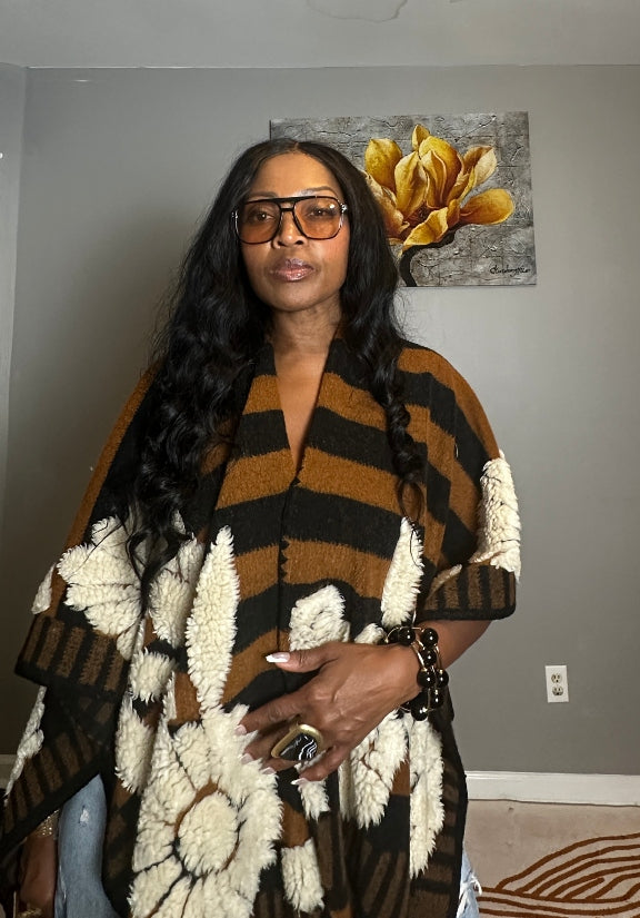 Denver 3D Poncho Kimono Coat -  Black Brown White Floral Blend