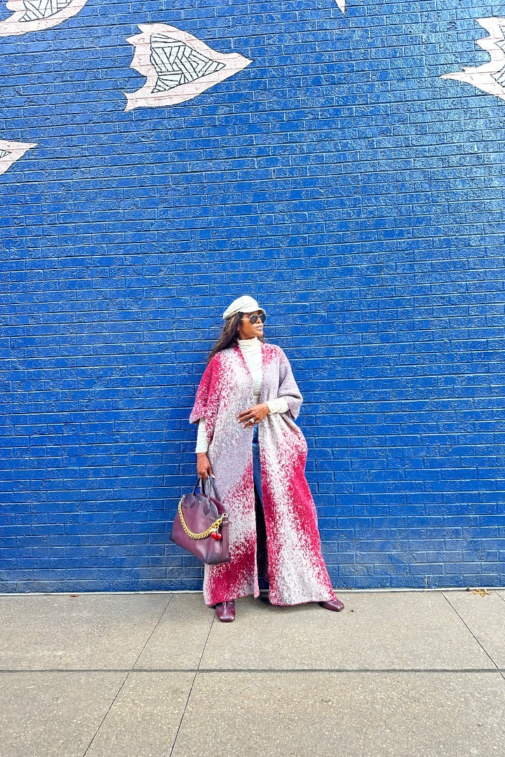 Ombre Open Front Long Cardigan Coat  Grey Burgundy Wine Blend Ships 12/5