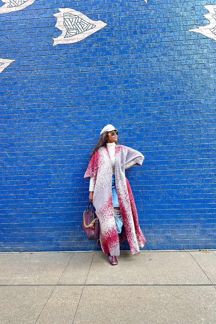 Ombre Open Front Long Cardigan Coat  Grey Burgundy Wine Blend Ships 12/5