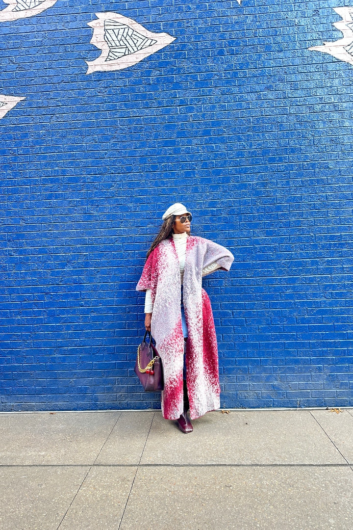 Ombre Open Front Long Cardigan Coat  Grey Burgundy Wine Blend Ships 12/5