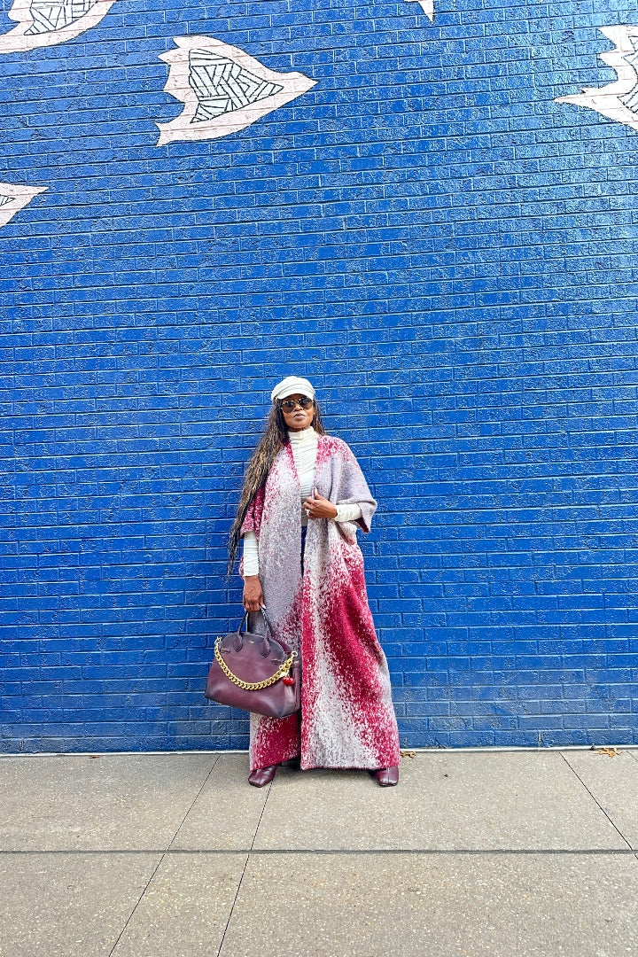 Ombre Open Front Long Cardigan Coat  Grey Burgundy Wine Blend Ships 12/5