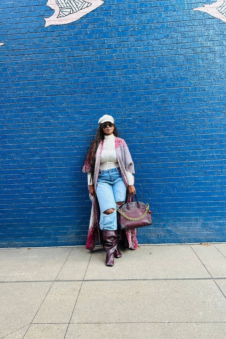 Ombre Open Front Long Cardigan Coat  Grey Burgundy Wine Blend Ships 12/5