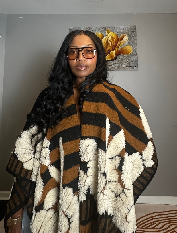 Denver 3D Poncho Kimono Coat -  Black Brown White Floral Blend