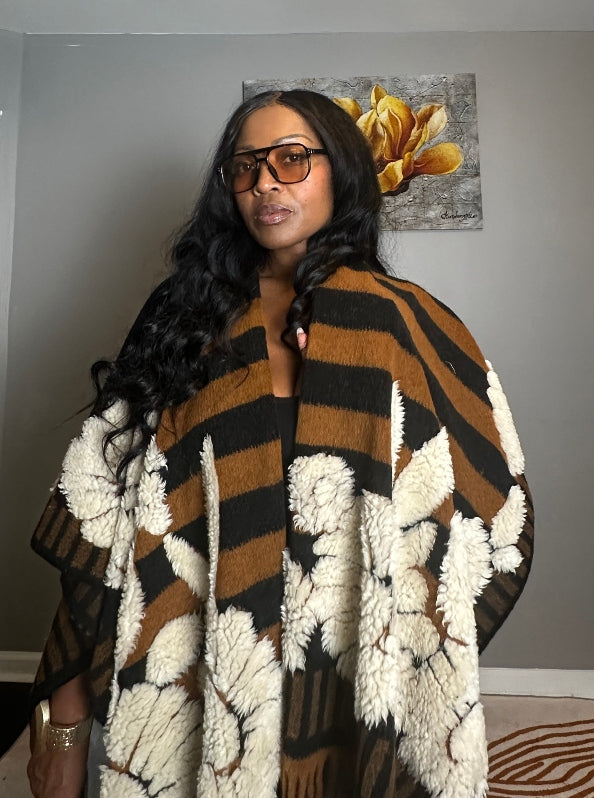 Denver 3D Poncho Kimono Coat -  Black Brown White Floral Blend
