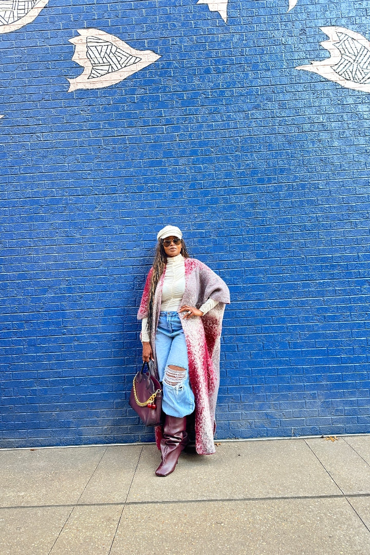 Ombre Open Front Long Cardigan Coat  Grey Burgundy Wine Blend Ships 12/5