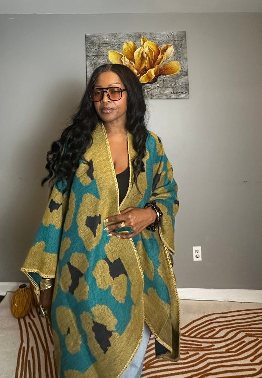 Aspen Open Front Poncho Kimono Coat -  Olive Green Teal Black