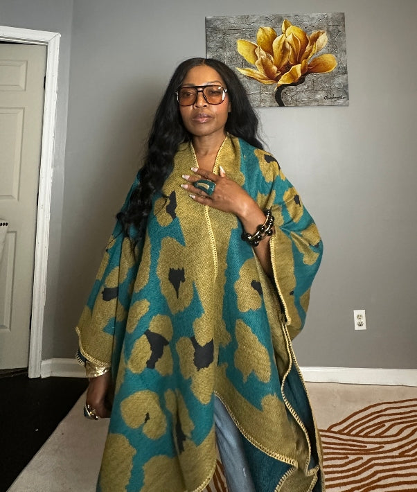 Aspen Open Front Poncho Kimono Coat -  Olive Green Teal Black
