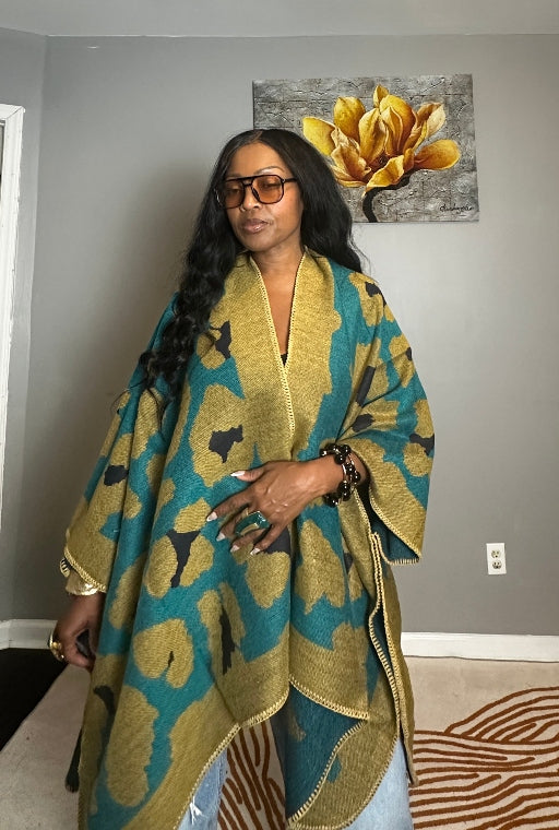 Aspen Open Front Poncho Kimono Coat -  Olive Green Teal Black