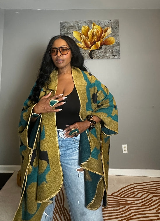 Aspen Open Front Poncho Kimono Coat -  Olive Green Teal Black