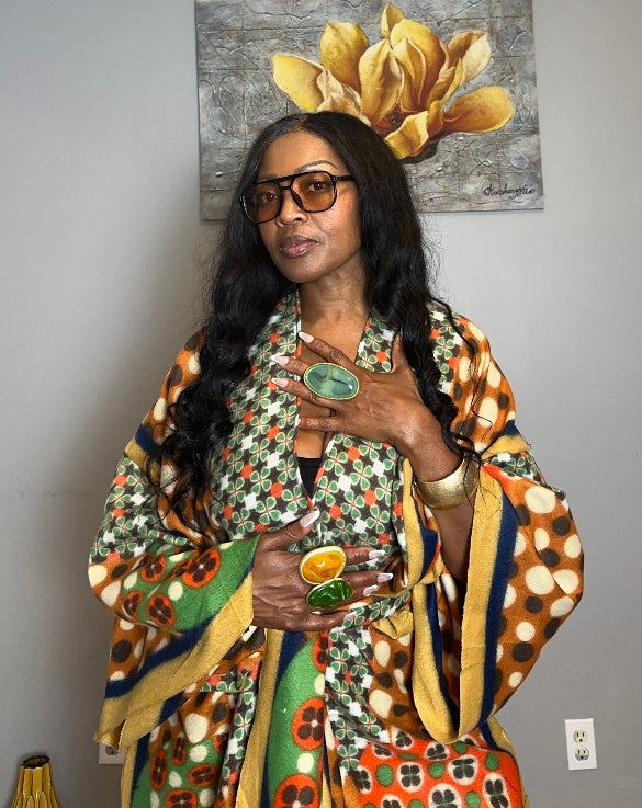 Nevada Woven Poncho Kimono Coat -  Brown Emerald Green Mustard Blend
