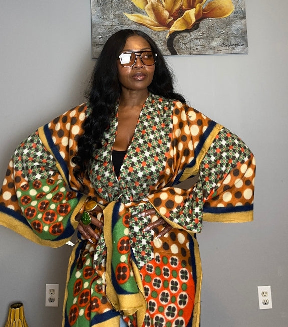 Nevada Woven Poncho Kimono Coat -  Brown Emerald Green Mustard Blend