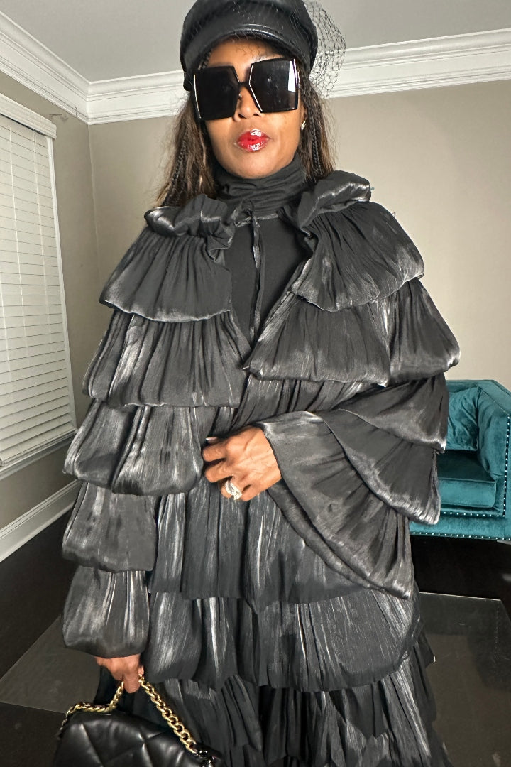 LUXE All the Vibes  Bubble Hem Black Cropped Cape Jacket