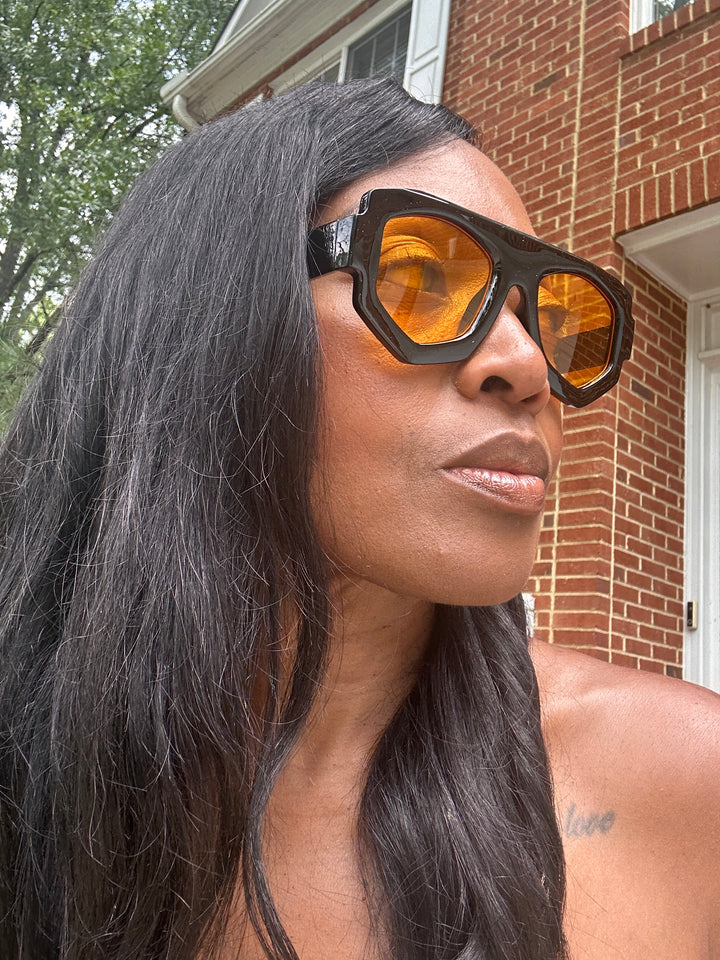Fashion Oversize  Acrylic Sunglasses -Black with Warm Yellow Lenses