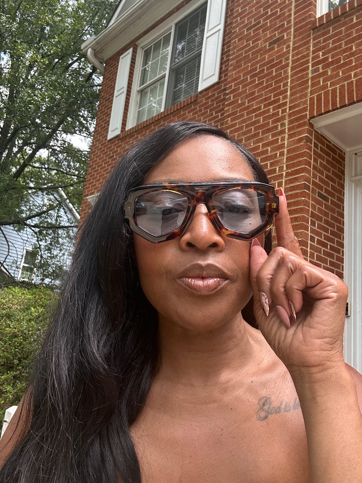 Fashion Oversize  Acrylic Sunglasses -Leopard with Blue Lenses