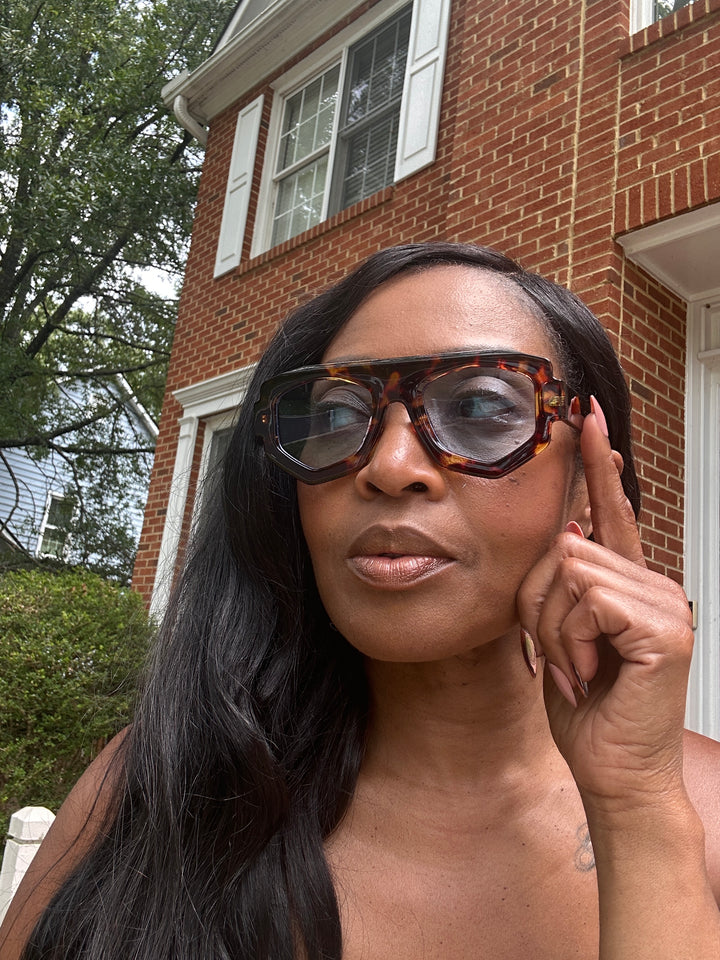 Fashion Oversize  Acrylic Sunglasses -Leopard with Blue Lenses
