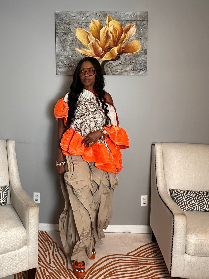 So Fancy  Ruffled Top– Cream Brown Orange Blend Ships 8/3