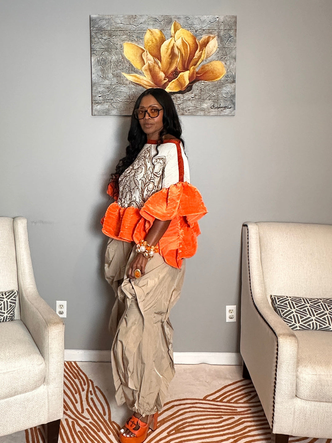 So Fancy  Ruffled Top– Cream Brown Orange Blend Ships 8/3
