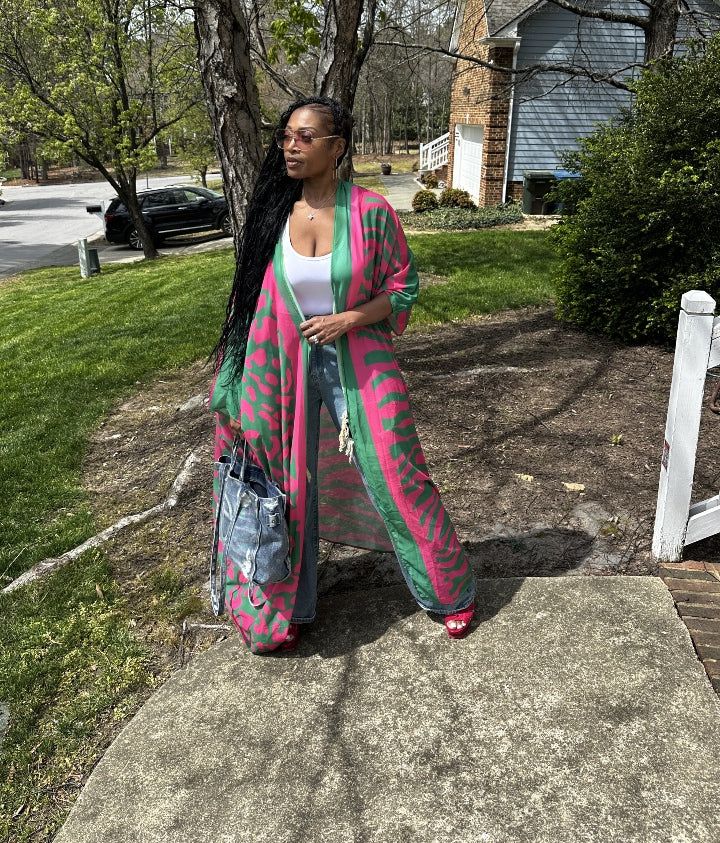 Hot Pink and Green Open Front Long Kimono Ships 2/17 – All Diva Things