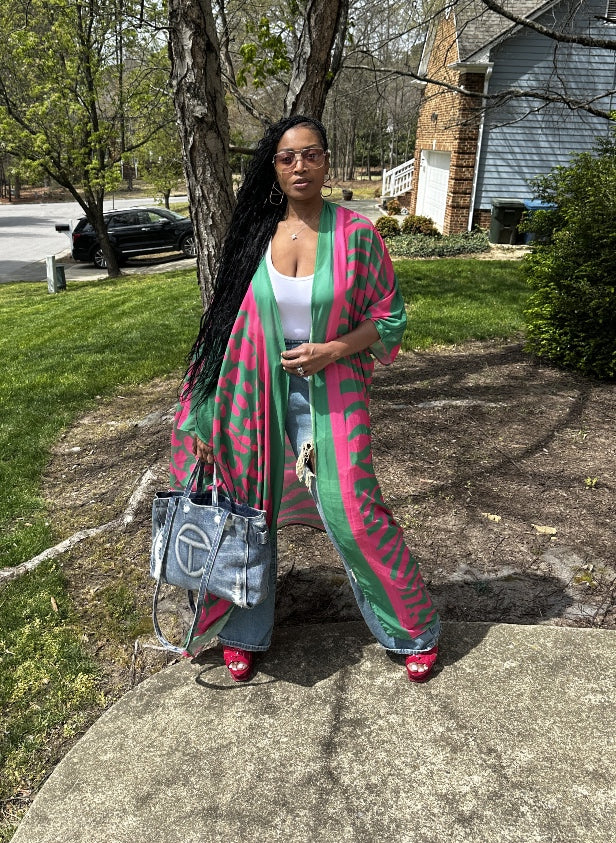 Hot Pink and Green Open Front Long Kimono Ships 2/17 – All Diva Things