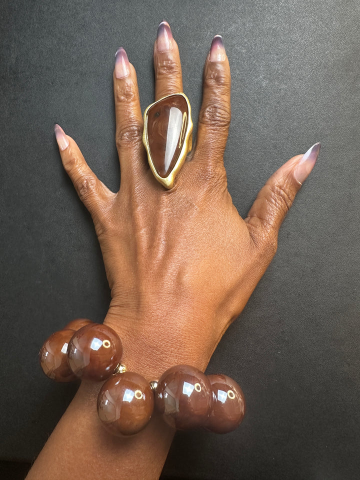 Oversized Bold Pointed Long Stone Accent Stretch Ring - Chocolate Brown