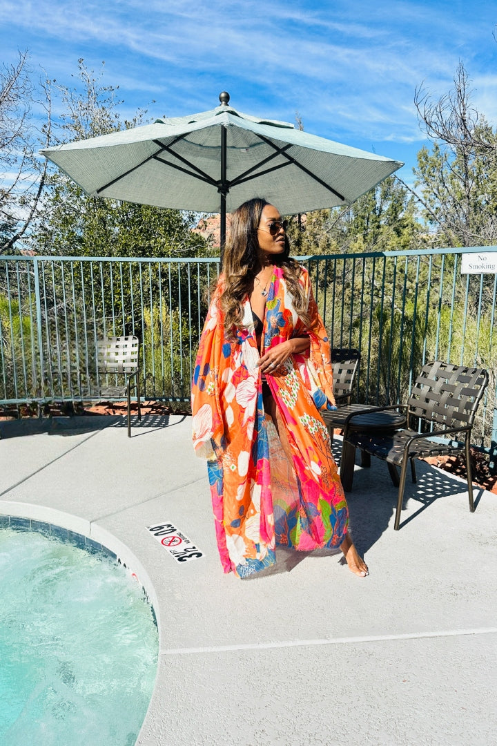 Aruba Open Front Long Kimono - Orange Hot Pink Blue Blend Ships 3/20