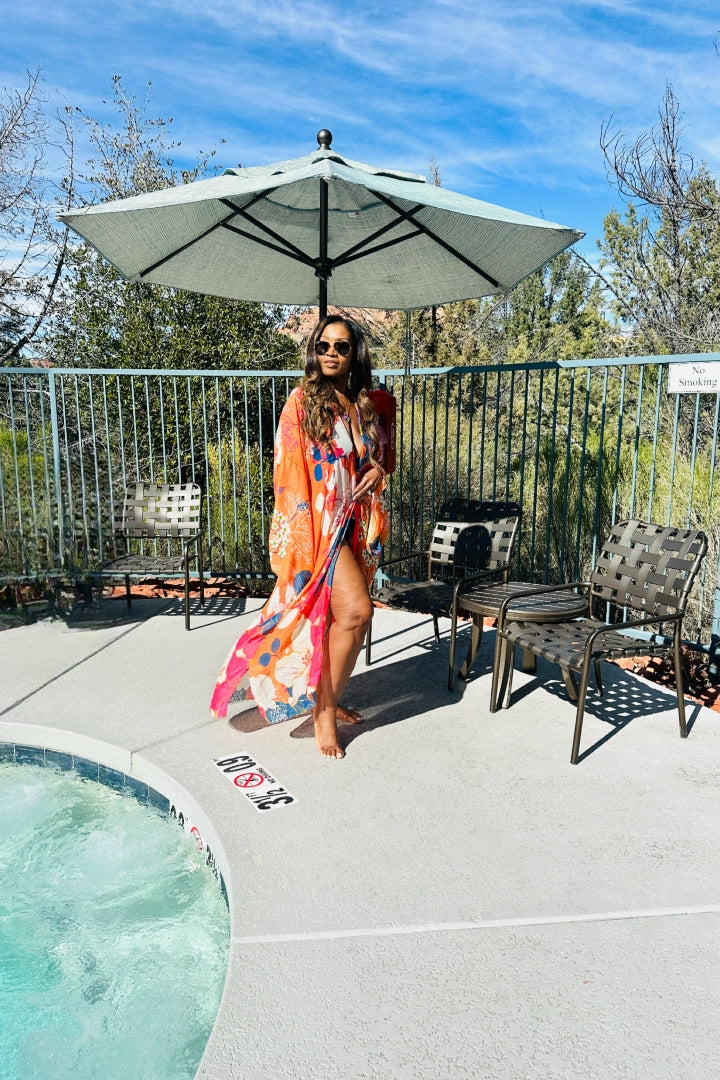 Aruba Open Front Long Kimono - Orange Hot Pink Blue Blend Ships 3/20