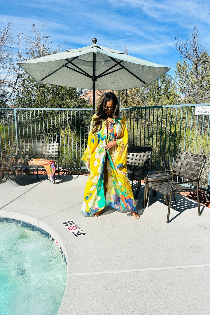 Aruba Open Front Long Kimono - Gold Turquoise Royal Blue.Blend